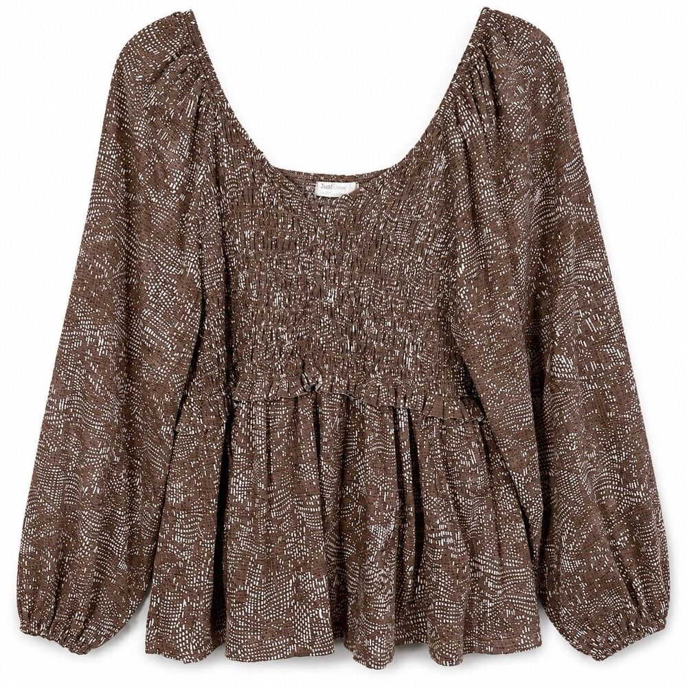 Just Living Top Women 2X Brown Smocked Peplum Long Sleeve Boho Babydoll Blouse